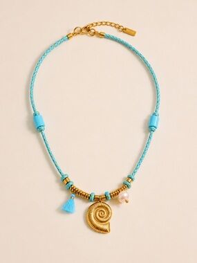 Beachy Turquoise Cord Gold Shell Necklace